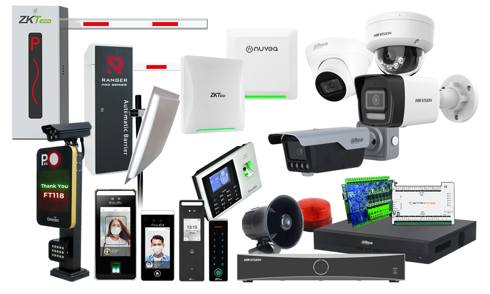 Comprehensive Security Equipment Collection - ZKTeco Biometric Access Control Terminals, Ranger Pro Automatic Barriers, Dahua & Hikvision CCTV Camera Systems, Professional NVR Recording Systems, Nuvea Access Controllers, Horn Speakers, Emergency Alarms, and Advanced Security Integration Solutions