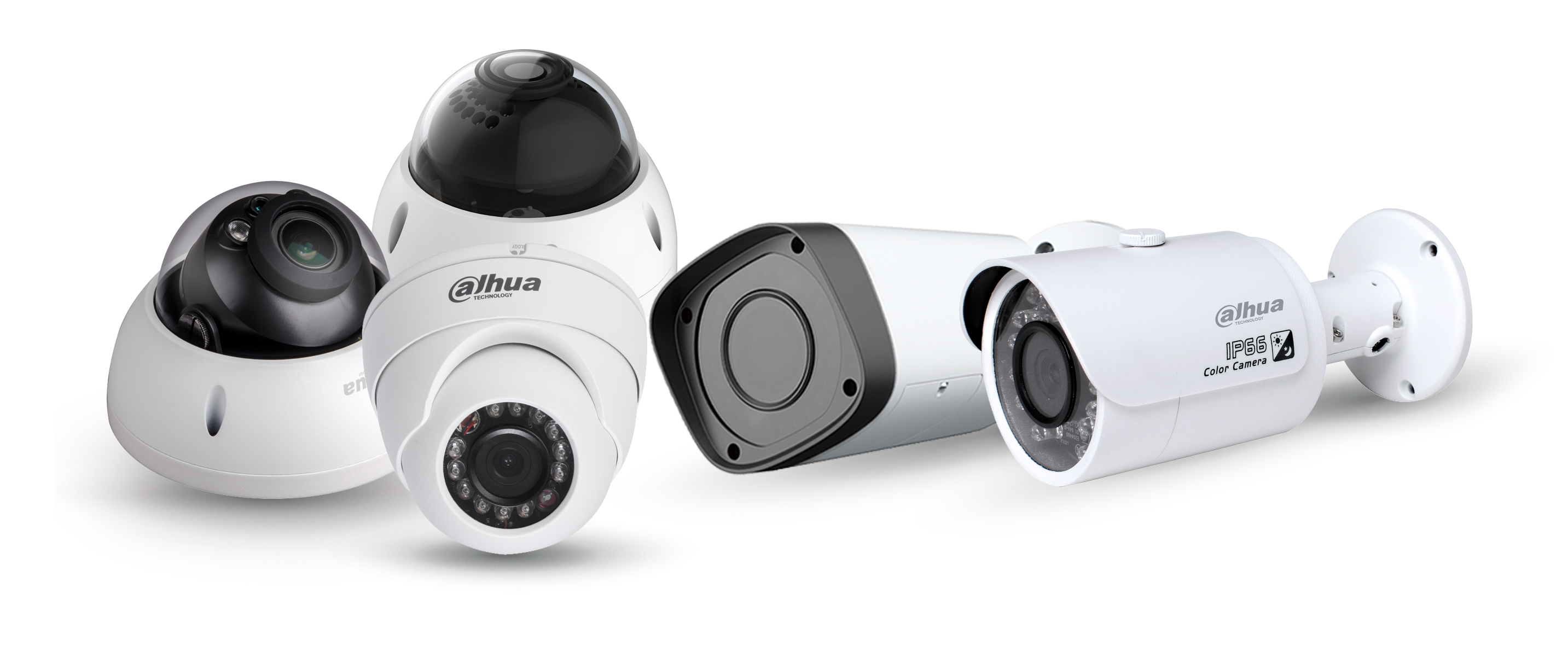 Professional Dahua CCTV Cameras Collection - Various dome cameras, bullet cameras, and turret cameras in white housing for comprehensive security surveillance
